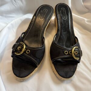 Coach Black Canvas Espadrille Mule Sandals with Gold Buckles